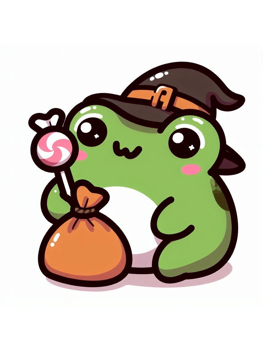 halloween frog drawing ideas: an adorable frog dressed in a witch's hat, holding a candy and a treat bag.